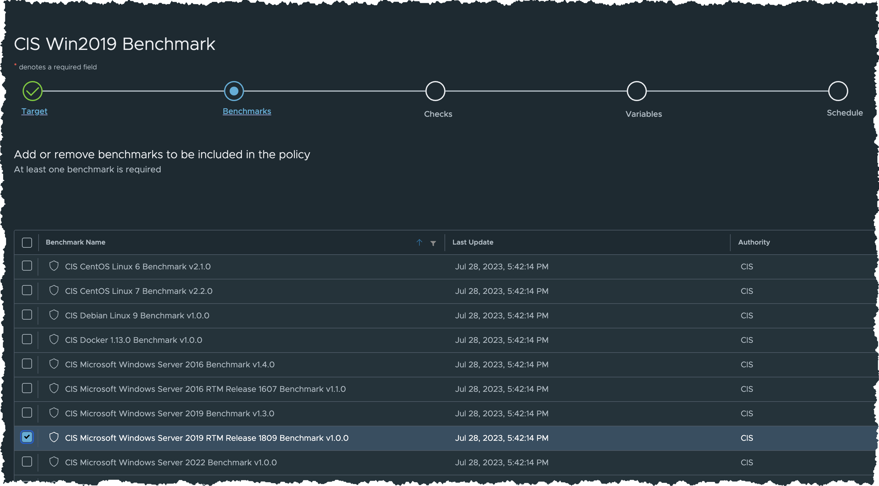 Create Policy - Select Benchmarks