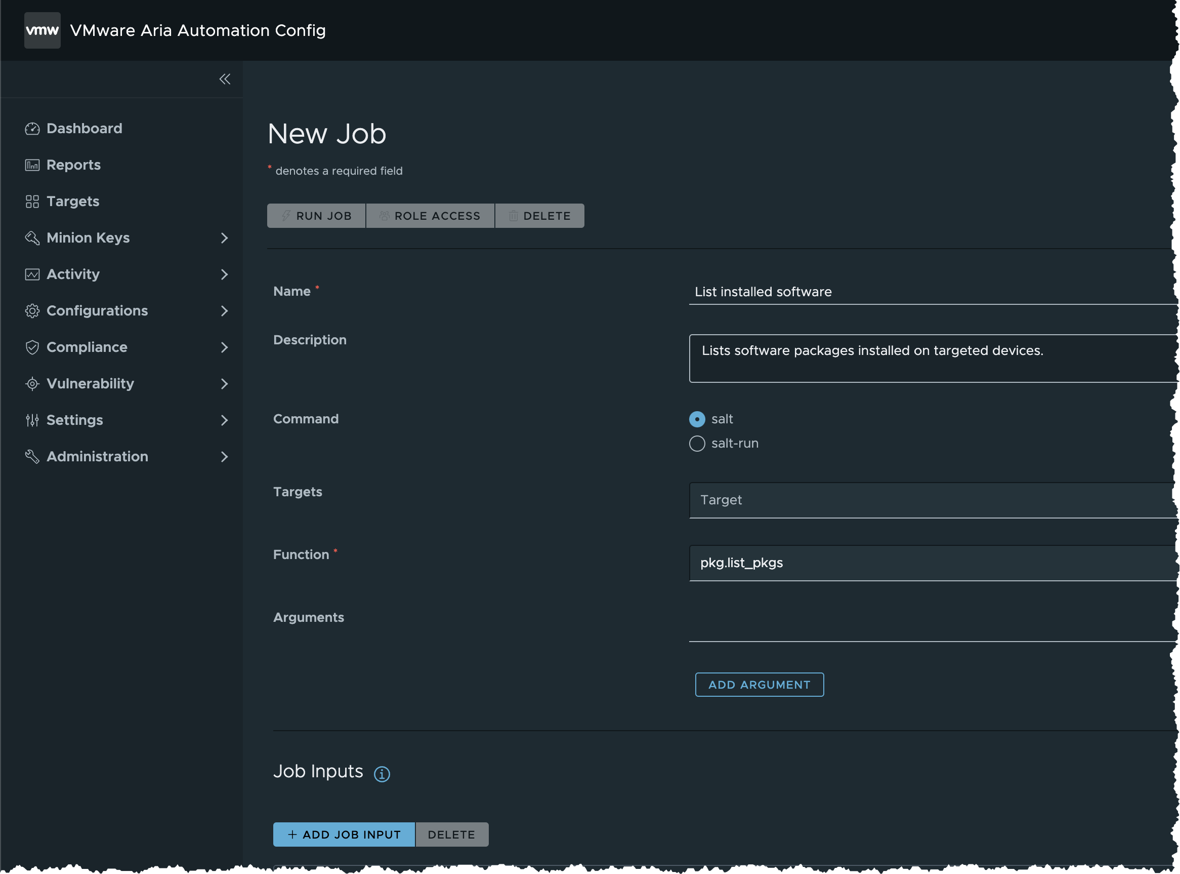 A new job that lists software packages installed on targeted machines