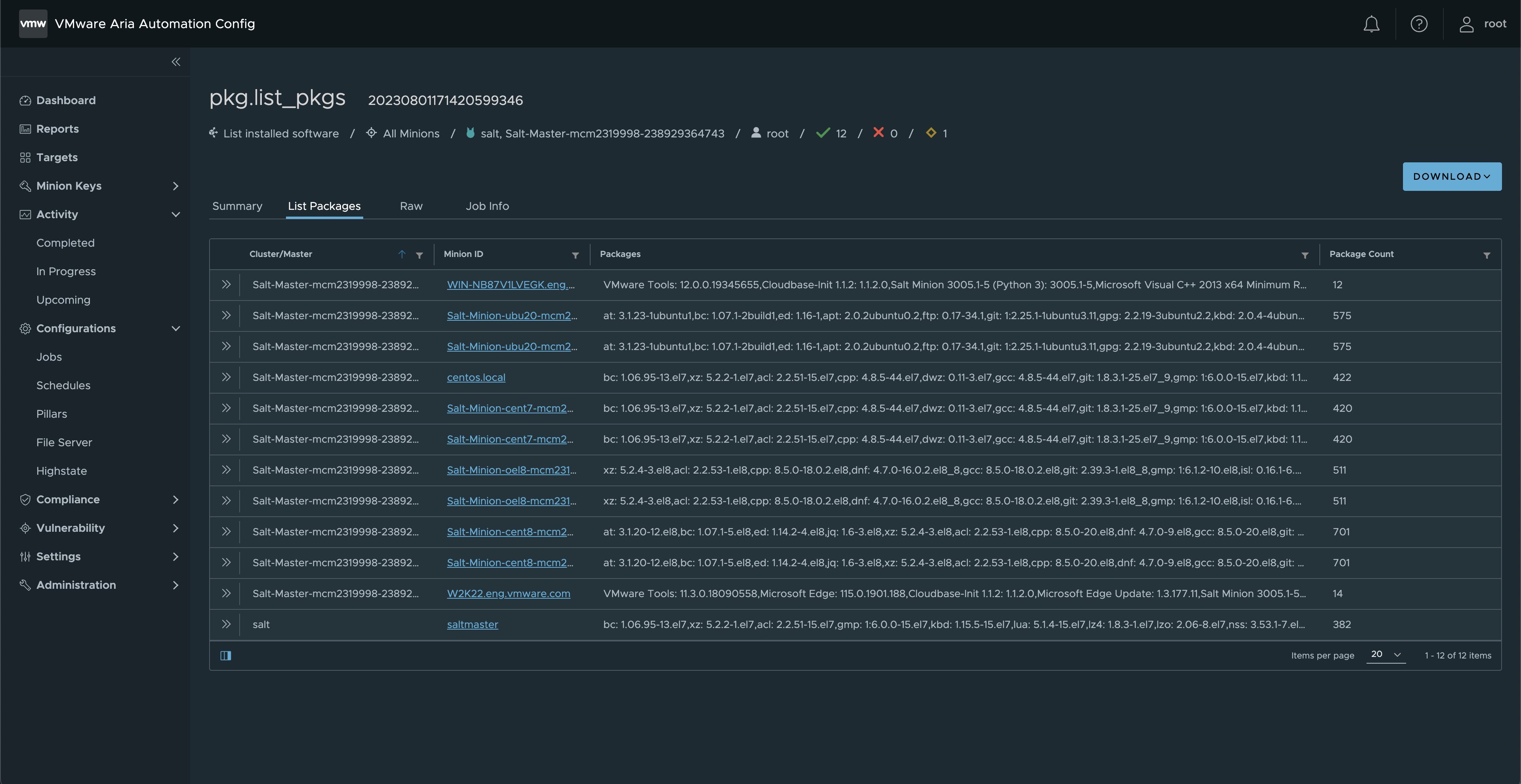 Returns for the job that lists installed packages